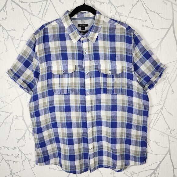 Attitude Blue Plaid Checks 100% Linen Western Short Sleeve Shirt - Picture 1 of 4